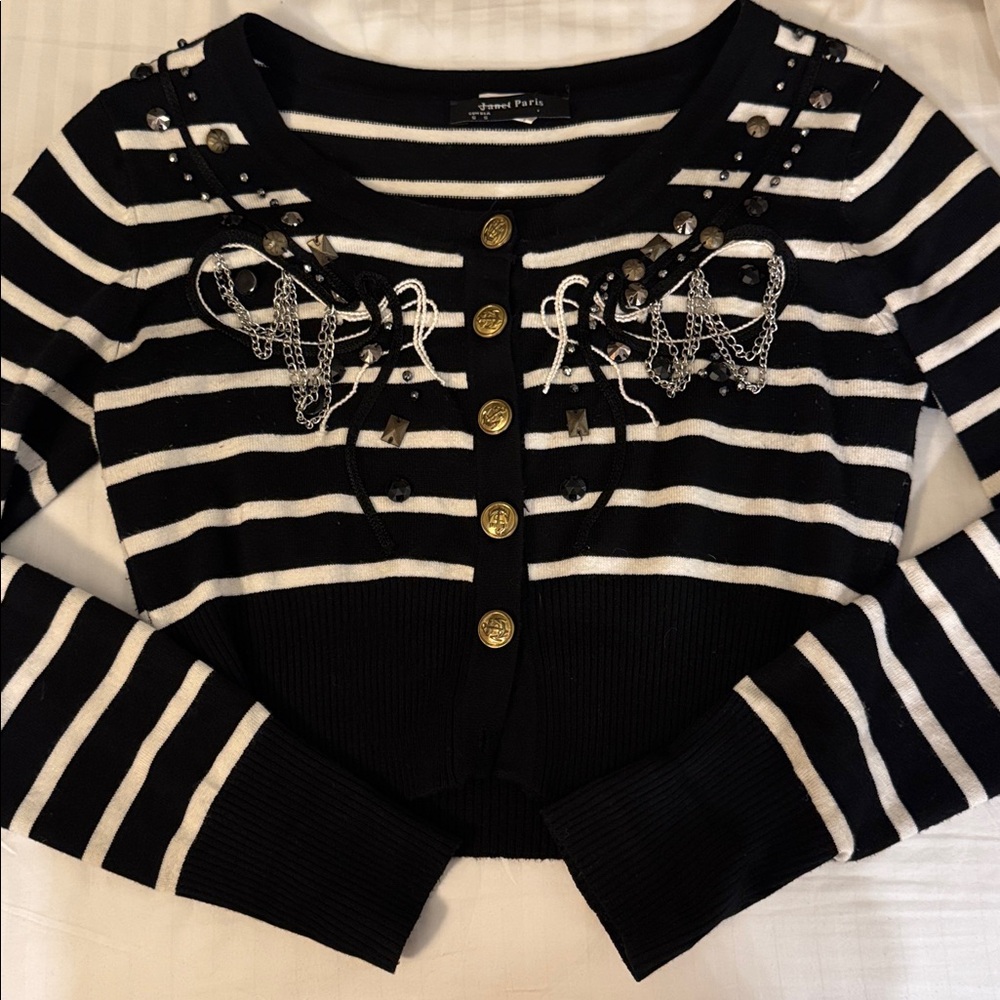 Stripped small Beaded and studded black & white cropped button down sweater Y2K